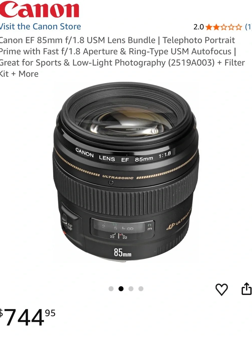 Canon 85mm f/1.8 USM Portrait Lens - Black
